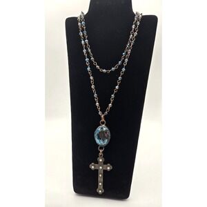 Melania Clara 40" Rosary Style Cross Necklace Blue Crystal Handmade Boutique